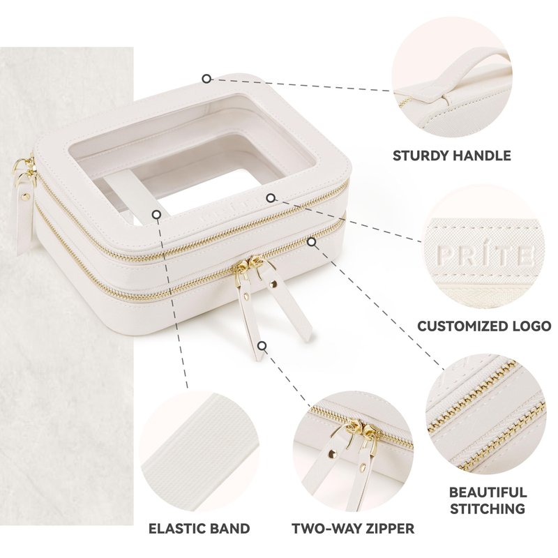 Prite Double Layer Makeup Bag for Women Portable Clear Makeup Bag Cute Waterproof Travel Cosmetic Bag with Gold Zipper for Car Essentials(Beige)