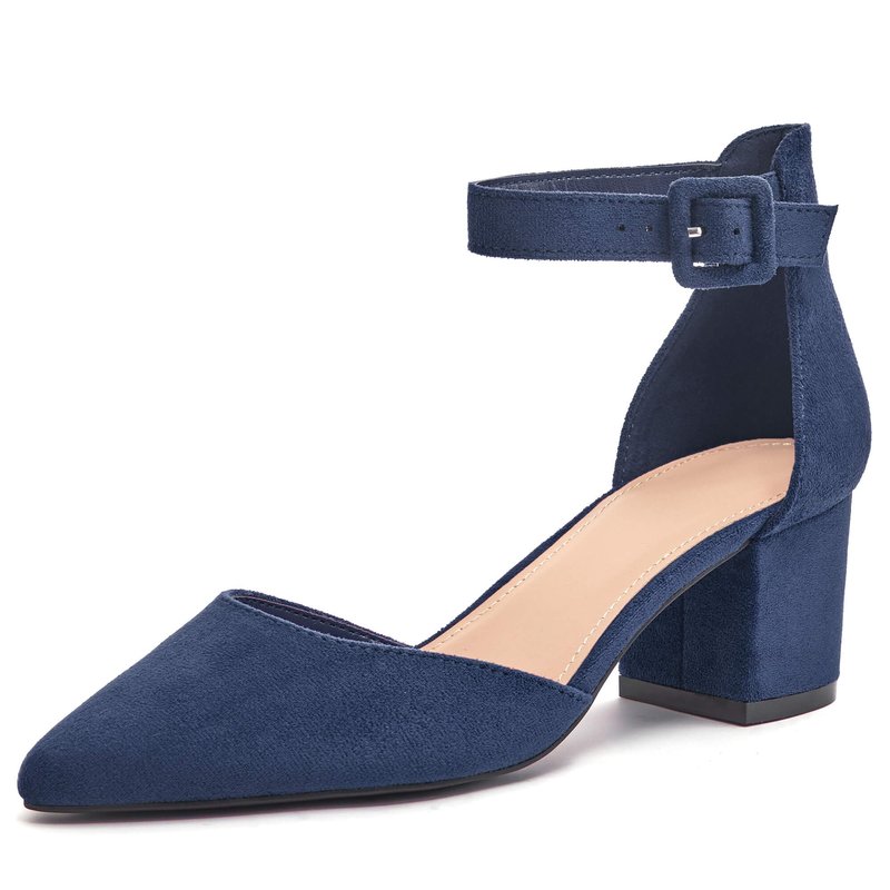 LAICIGO Women’s Chunky Heels Closed Pointed Toe Pumps Ankle Strap Comfortable Block Heels Dress Pump Shoes Navy Suede