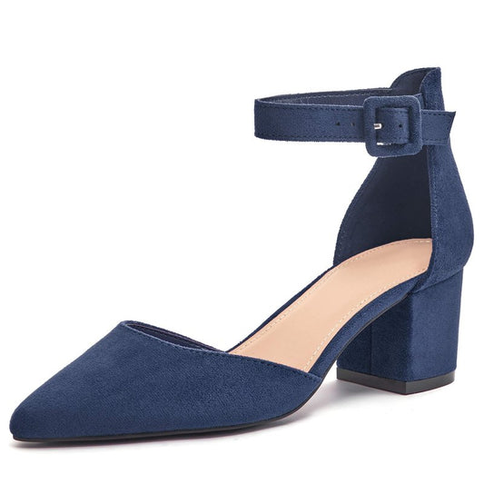 LAICIGO Women’s Chunky Heels Closed Pointed Toe Pumps Ankle Strap Comfortable Block Heels Dress Pump Shoes Navy Suede