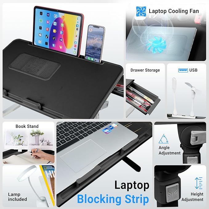 iXTRA Laptop Lap Desk with Cooling Fan - Adjustable with Light, USB, Storage Drawer - Folding Bed Desk,22.04"*12.59",Black