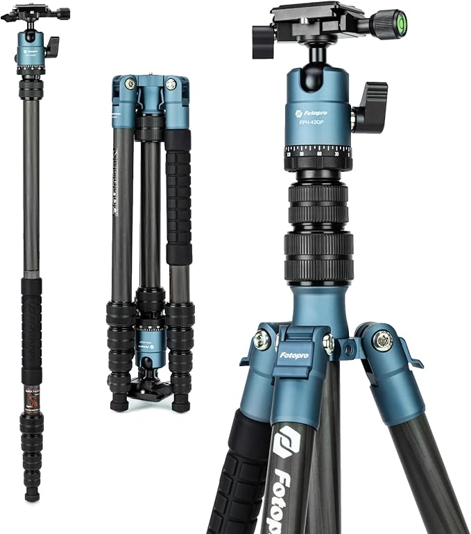 Fotopro Carbon Fiber Camera Tripod, 62" Super Lightweight Compact Travel Tripod with 360 Degree Ball Head for DSLR, Detachable Monopod,Arca-Swiss QR Plate, Load up to 8KG/17.63lbs, Weighs only 2lb