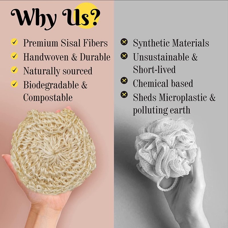 Natural Handwoven Sisal Loofah Body Scrubber | Organic Agave Fiber Shower Sponge - 3-Pack for Men & Women