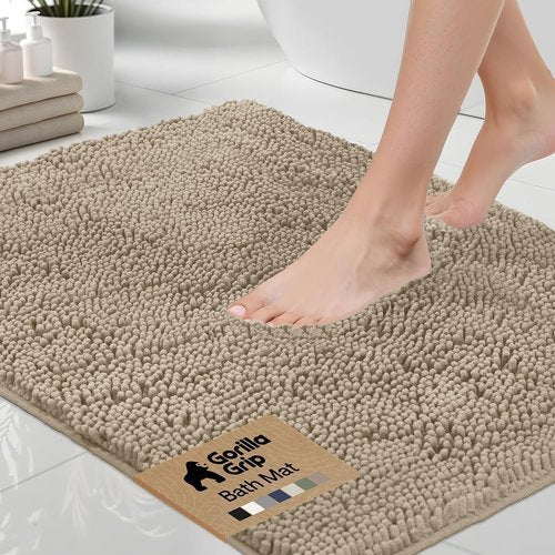 GORILLA GRIP Bath Rug Mat - Thick Absorbent Chenille | Quick-Dry Microfiber 60x17 in Gray Beige