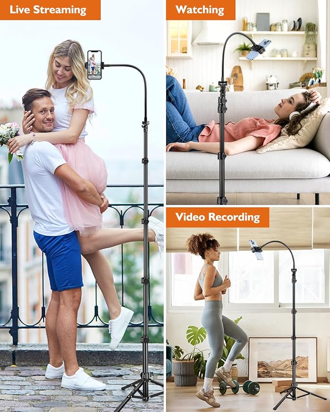 Phone Tripod, 85" Tall Tripod for iPhone with Remote, Gooseneck and Phone Holder, Overhead Phone Stand for Video Recording Watching Cooking Fitness Vlog, Compatible with iPhone Android, Black