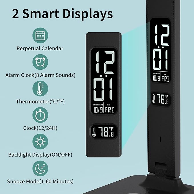 oviouit LED Desk Lamp for Home Office, USB Charging Port, Reading Lamp Desk Light with 5 Brightness, 3 Colors, Table Lamp with Clock, Alarm, Date, Temperature, Desk Lamp for College Dorm Room (Black)