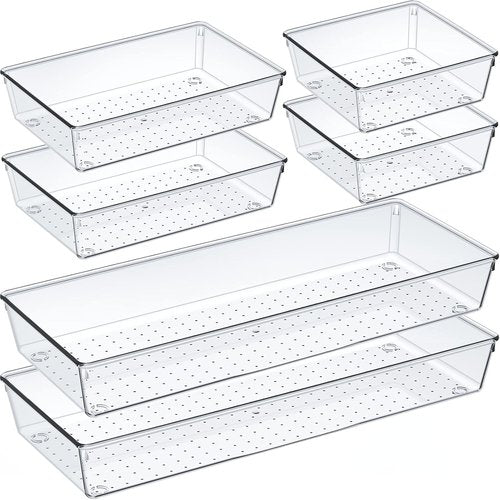 Criusia Large Clear Drawer Organizer Set - 6 Pcs Acrylic Storage Trays for Kitchen, Bathroom & Office