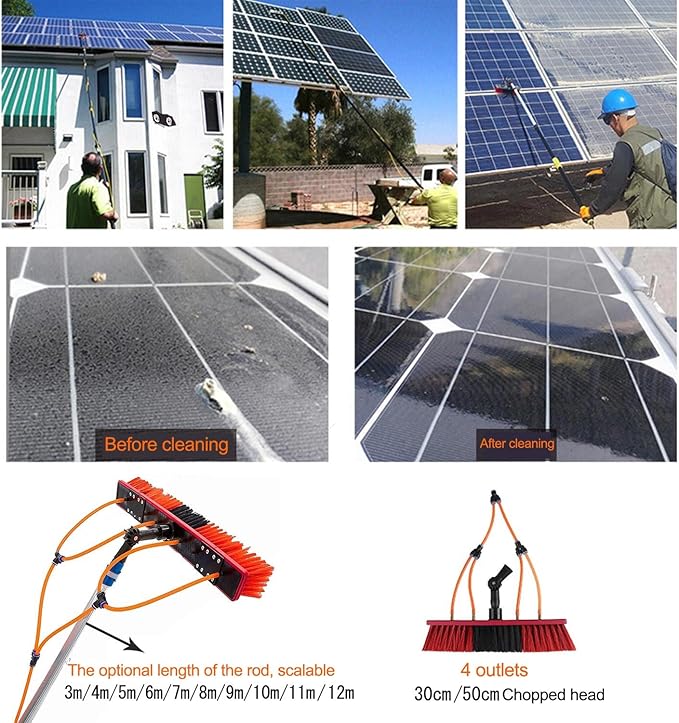 5m Telescopic Window Cleaning Pole with Water Fed Brush Ideal for Conservatory Roof Photovoltaic Panel and Solar Panel Cleaning Extendable Roof Cleaning Tools for Cleaner, 50cm Brush-12m silver pole