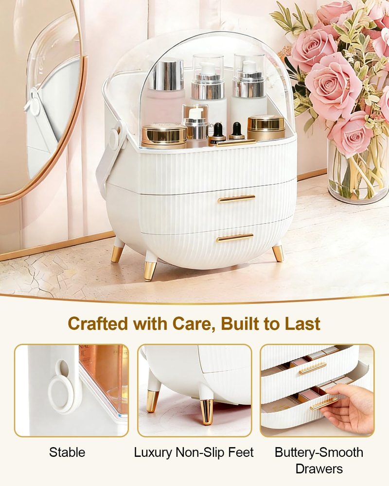 Bleutty Makeup Organizer with Drawers & Lid - Portable Large Cosmetic Storage Case for Vanity Countertop, Travel, Gift for Women, Girls, 11"×7"×15", White