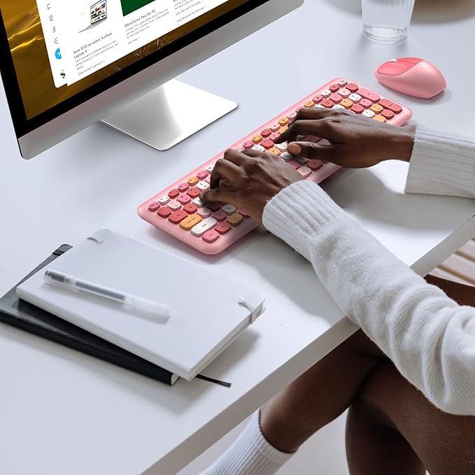 KNOWSQT Wireless Keyboard and Mouse Combo, Pale Pink Full-Sized 2.4G Silent Keycap Colorful Keyboards, USB Dongle Plug Play, Laptop, Windows, PC, Mac, Desktop