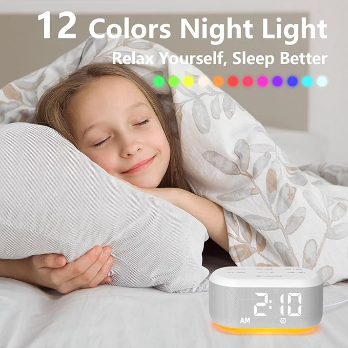 Small Digital Alarm Clock for Bedroom White Noise Sound Machine with 30 Soothing Sound Plug in Desk Bedside Clock with NightLight Battery Backup 15 Wake up Sound Clock for Teen Kid Heavy Sleeper