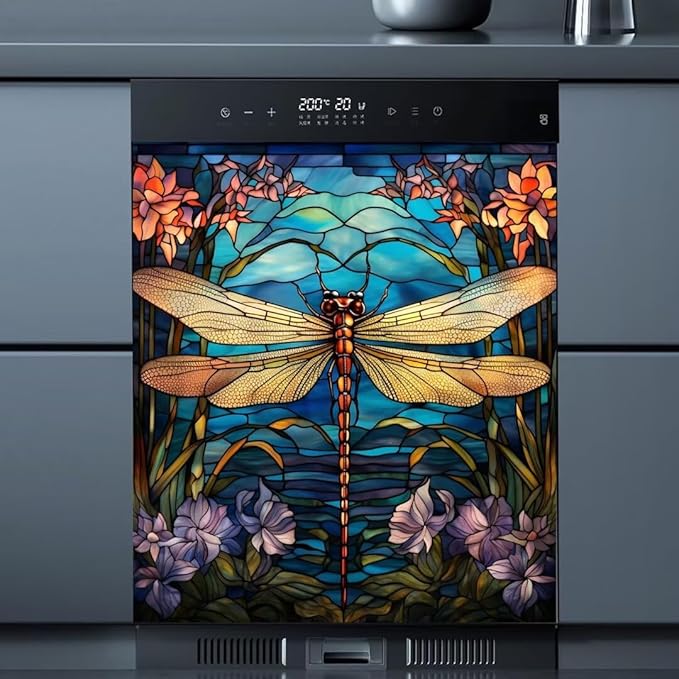 Dragonfly Dishwasher Magnet Cover, Stained Glass Window Home Magnetic Appliance Panel Decal, 23" W x 26" H, 1 Count