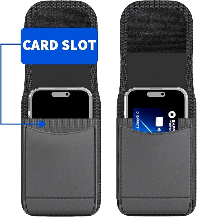 Magnetic Closure Holster for iPhone 17 Pro, 17 Air, 17e, 17, 16 Pro, 16e, 16, 15 Pro, 15, 14 Pro, 14, 13 Pro, 13, 12 Pro, 12 - Vertical Leather Nylon Belt Case Pouch (Fits Slim Case on) (Medium)