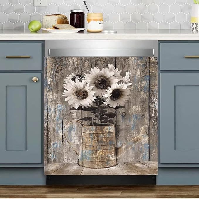 Vintage Wood Dishwasher Magnetic Cover For Door Front,Rustic Wooden Refrigerator Magnet Decor Sunflower Sticker,Country Wood Dishwasher Magnet Panel Decal For Fridge Home Appliance 23"x17"