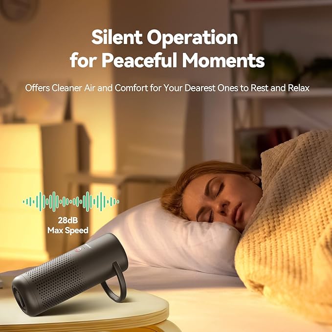 RoneAir Cordless Portable Air Purifier for Car, Small Room, Office with True HEPA Filter, Travel Air Purifier for Smoke, 0dor & Dust with USB C, Aroma Chamber (Grey)
