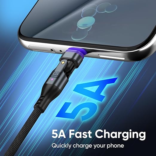 Bojianxin 240W Magnetic Charging Cable ，180°Rotating USBC to USB C Magnetic Data Cable ，Micro USB Phone Fast Charger Cable Data Transfer for Laptop/Tablet/Smart Phone (3ft)