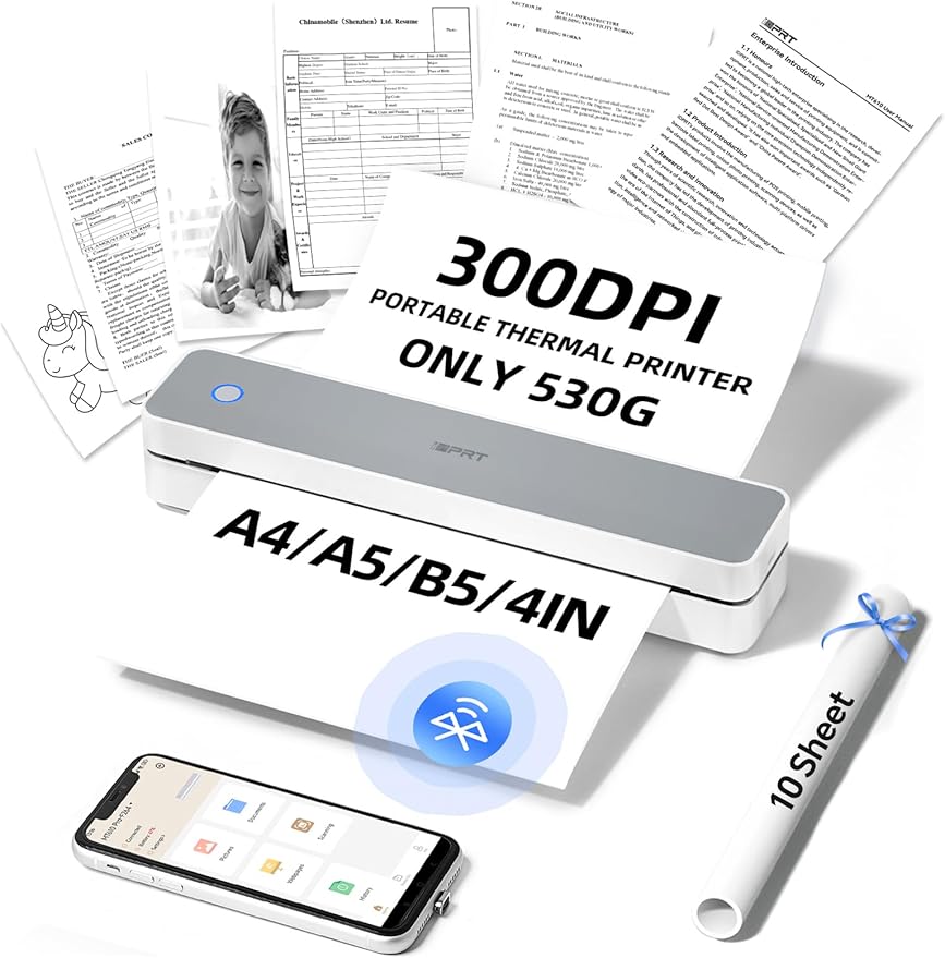 iDPRT MT610Pro Portable Thermal Printer, 300DPI HD Mobile-Travel-Printers, Inkless-Wireless-Small-Printer for Home Use, Office, Vehicles, Bluetooth Printers Supports 8.5" x 11" US Letter&A4&A5, White