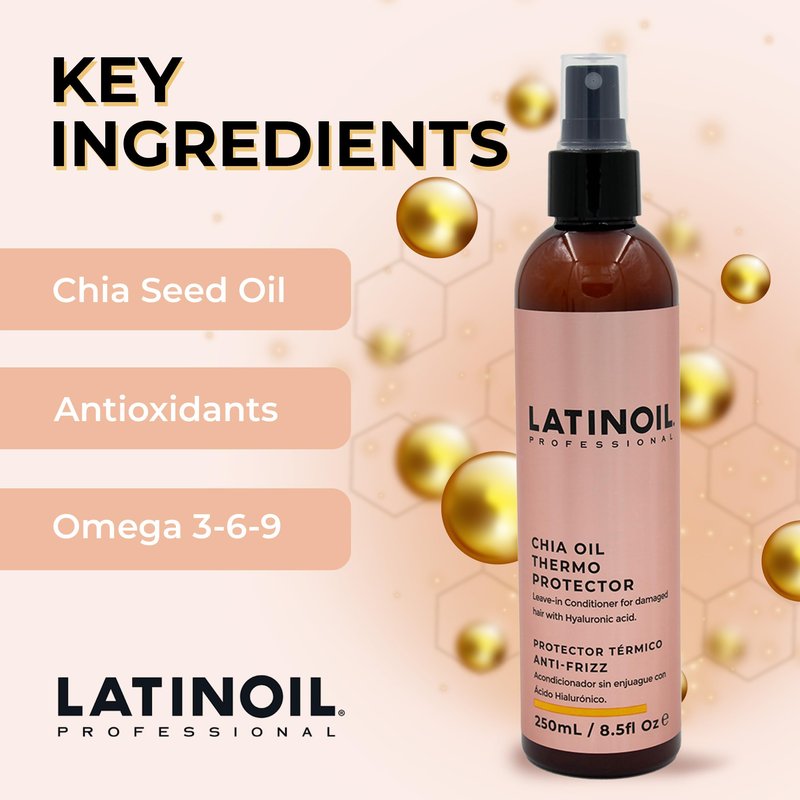 Latinoil - Chia Hair Heat Protectant Spray, Oil for Hair Frizz, Hair Oil Treatment, Leave in Conditioner for Dry Damaged Hair with Chia Seed Oil, Amino acids & Omegas, 250 ml