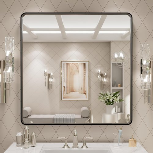 LOAAO Black Metal Framed Bathroom Mirror - 30x30 Inch Large Rounded Rectangle, Anti-Rust, Versatile Hang