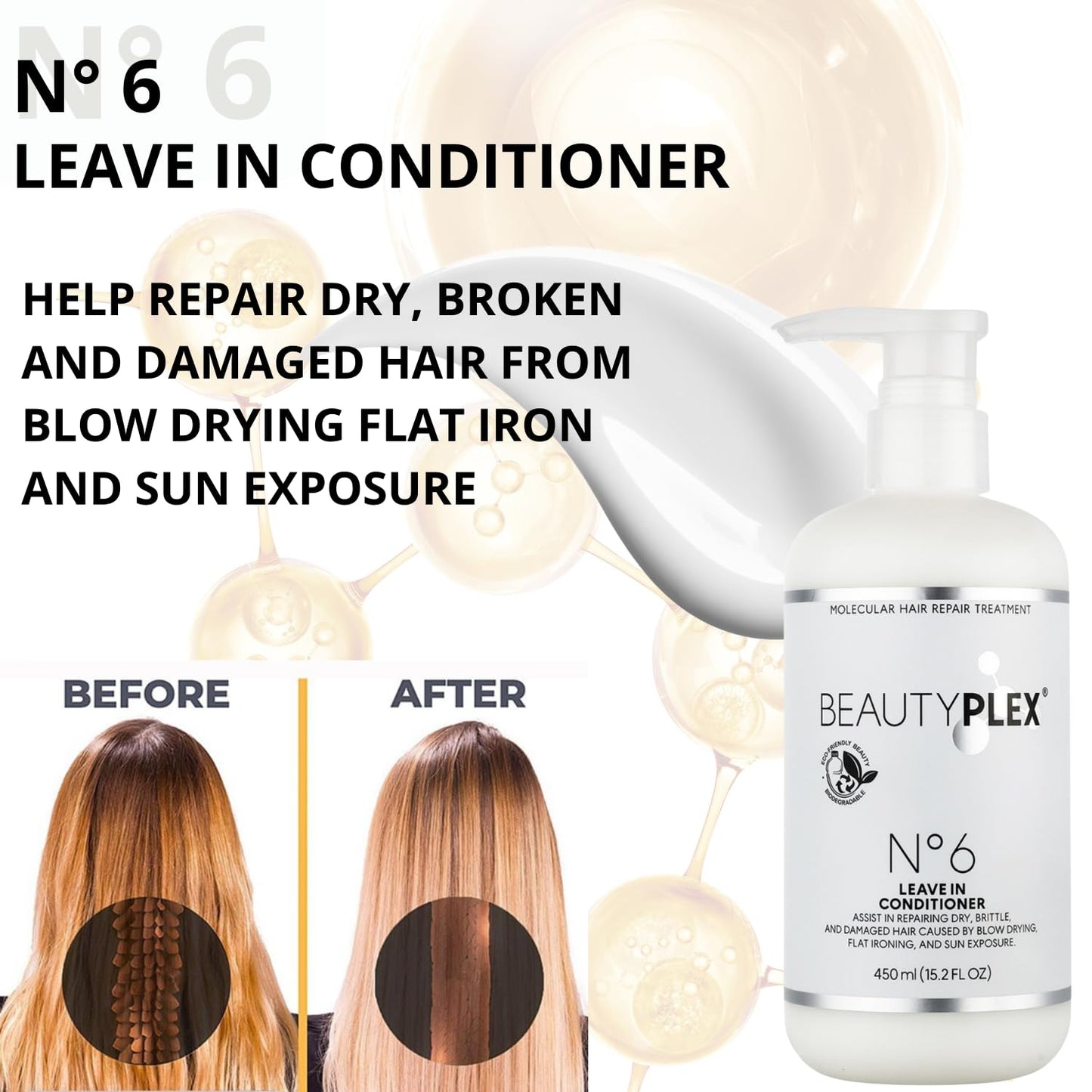 BEAUTY PLEX Leave in conditioner Professional Bond Repair Heat Protectant for Hair - Strengthens, Nourishes, Moisturizes & Repairs Hair Structure Softness Frizz Control. 450ml (15.2 oz)