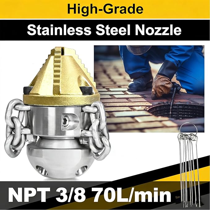Anrain 3/8" NPT Sewer Jet Nozzle, 70L/min High-Pressure Drain Cleaner with Sharp Tip & Removable Chains, Compatible with 70L/min Pressure Washers for Pipe Blockages (Roots, Deposits)