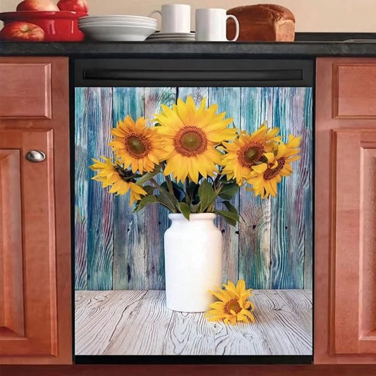 Colorful Wooden Background Kitchen Magnetic Dishwasher Front Door Cover Decor, Vase Sunflower Fridge Panels Decals Vinyl Magnet Cover, Magnetic 23"x26"INCH