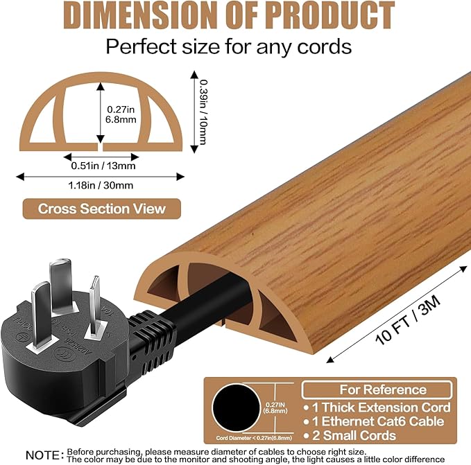 DBHXXMB-HH Floor Cord Cover Self Adhesive Cord Hider,10FT Cable Management, Extension Strip Protector for Wires, Prevent Cable Trips for Offices, Gyms, Exhibitions Cavity 0.39"(W) x 0.27"(H) BrownWood