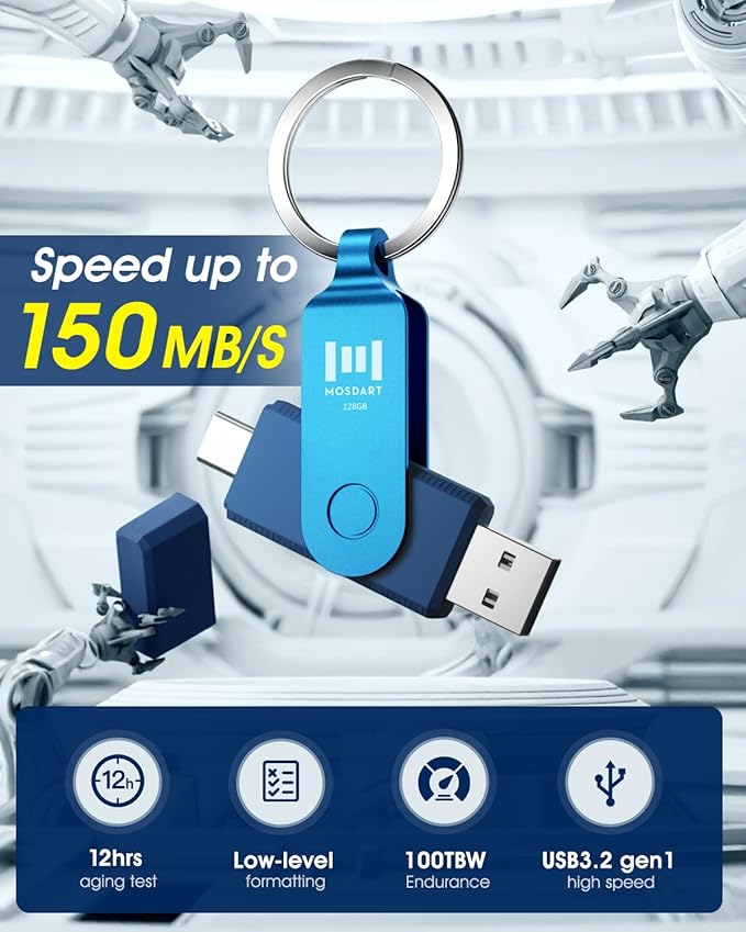 MOSDART 128GB Dual USB C 3.2 Flash Drive, Speed Up to 150MB/S Type C Thumb Drive with Keychain and LED Indicator, for iPhone 15,16,17, Android Phone, iPad, MacBook, and Laptops, Navy Blue