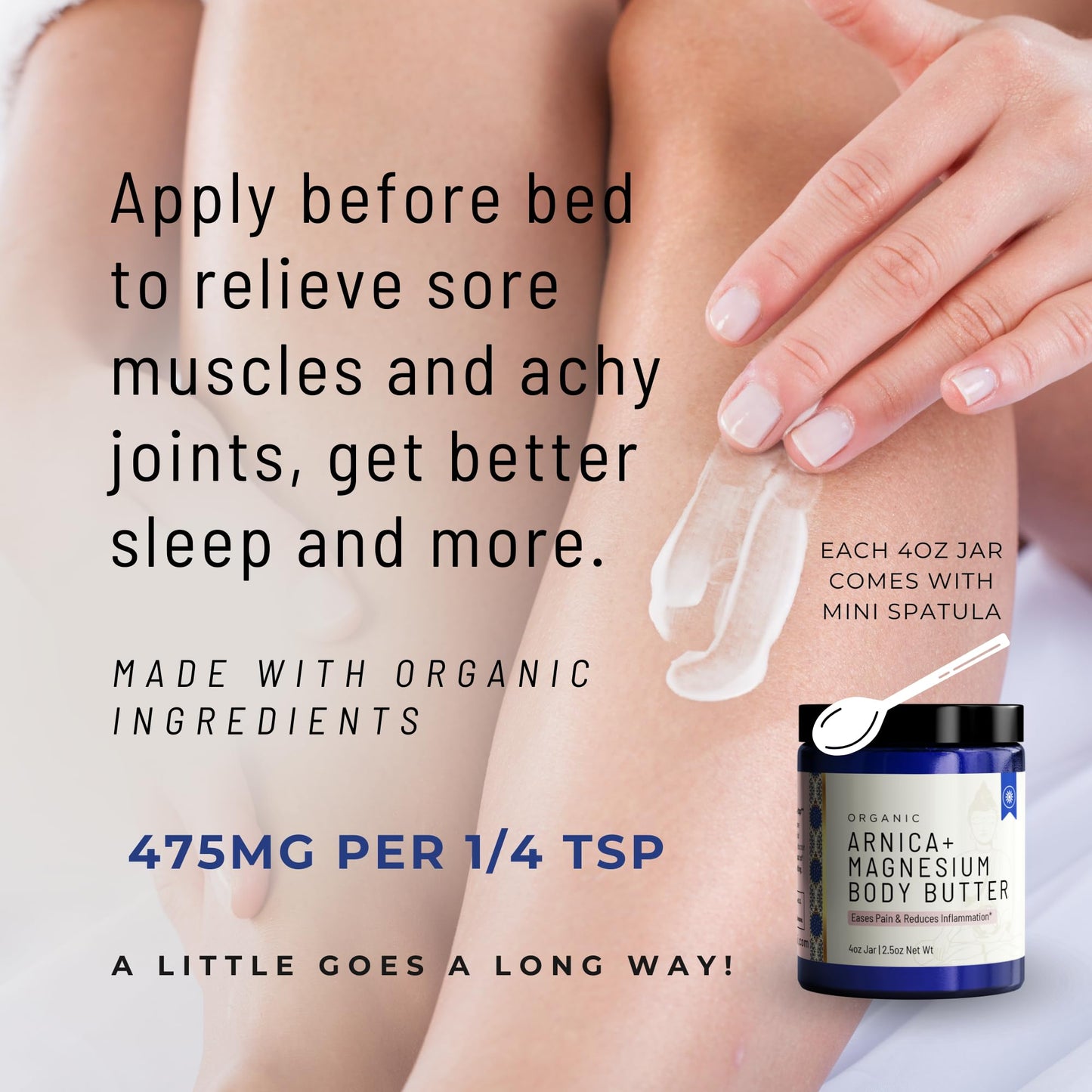 Organic Arnica + Magnesium Whipped Body Butter, 4 oz Jar, Extra Strength Formula with Premium Quality Magnesium Choride, Natural Comfort for Muscles & Joints, All-Natural