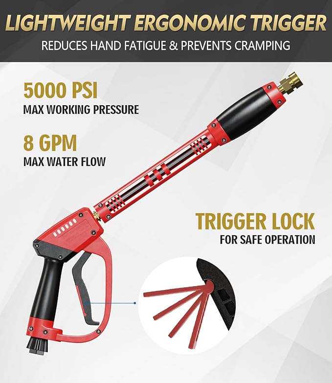 Pressure Washer Gun and Hose Kit, 4800PSI Steel-Braided & Durable - Flexible & Kink-Resistant Power Washer Hose 50 FT with 3/8" Swivel Quick Connector and M22 14mm Adapters Replacement