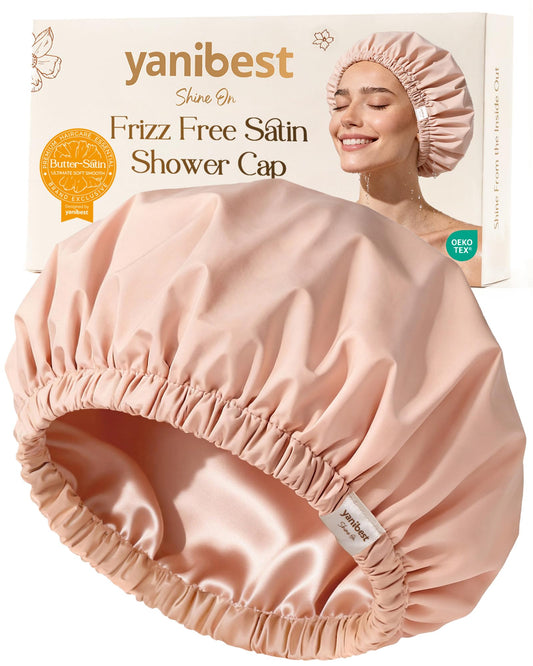 Yanibest Satin Lined Shower Cap for Women Reusable Waterproof, Frizz Free & Large Bath Cap with Soft Elastic Band, Luxury Hair Protection Caps (Peachy Pink)