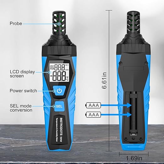 INSTRODOTS Temperature Humidity Meter - Handheld Thermometer Hygrometer with Ambient, Dew Point, Wet Bulb, High Precision Wet Bulb Thermometer, Dual Display Temperature & Humidity with LCD Backlight