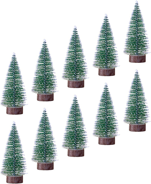 Skiennix 10-Pack Mini Christmas Bottle Brush Trees - 4-Inch Snowy Ornaments with Wooden Base for Festive Decor
