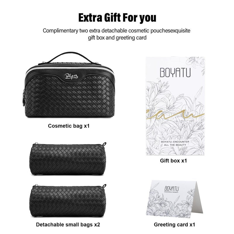 BOYATU Travel Makeup Bags for Women: 3 Pcs Large Make up Bags Set - Vegan Leather Cosmetic Bag for Traveling - Waterproof Toiletry Organizer (L05 Black)