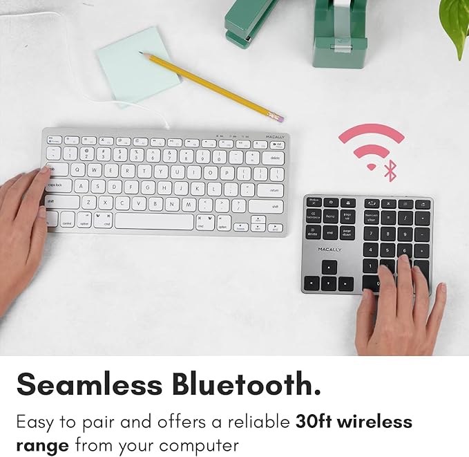 Macally Bluetooth Number Pad for Laptop - Slim Aluminum Design - Rechargeable Wireless Numeric Keypad - 35 Key Numpad Keyboard for Data Entry - for Mac, MacBook Pro/Air, iPad, iPhone, iOS, PC, Android