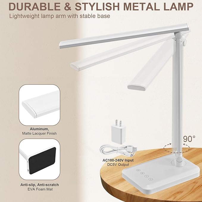 MACASA LED Desk Lamp with USB Charging Port Whole White for Home Office Essentials Table Lamp with Eye-Caring 4 Color Temperature Touch Control Stepless Dimming Desk Light for College Dorm