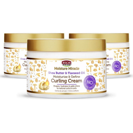 African Pride Moisture Miracle Curling Cream with Shea Butter & Flaxseed Oil, Moisturizes & Defines Coily & Curly Hair, 12 Oz, Pack of 3