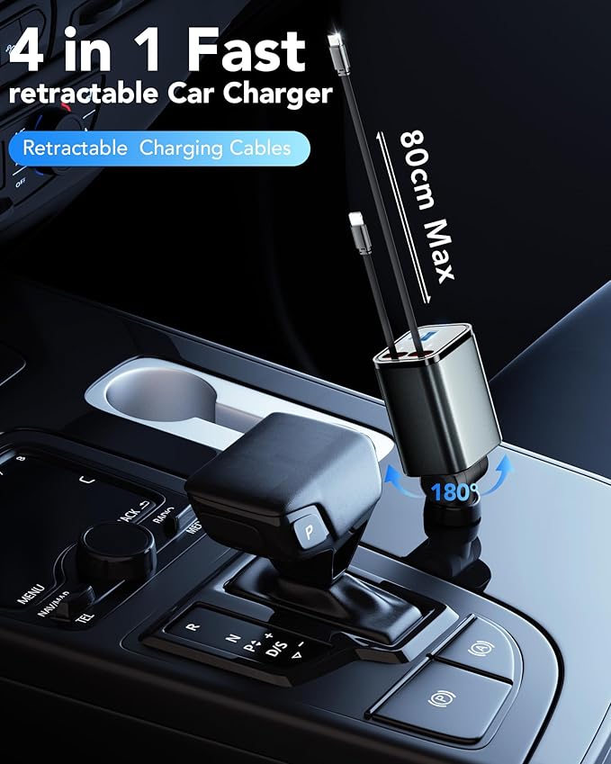 Retractable Car Charger,Car Phone Charger USB C Fast Charge,Cigarette Lighter USB Charger Car Accessories for Women,Road Trip Essentials Gift for Men,Car Charger for iPhone 17/16/15,Galaxy S26,Pixel