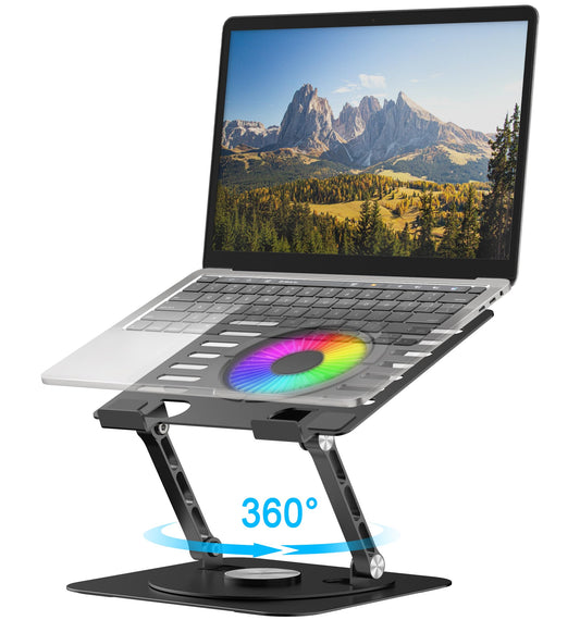 YTech Laptop Stand,with 360°Rotating Base,External Cooling Fan,Adjustable RGB Lighting,Ergonomic Foldable Notebook Computer Holder.Compatible with All 10-17" Laptops Tablets,Black