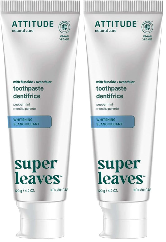 Attitude Whitening Toothpaste with Fluoride, Peppermint Flavor, Vegan & Cruelty-Free, Sugar-Free, Plant & Mineral-Based Ingredients, Clean Oral Care, 4.2 Oz (Pack of 2)