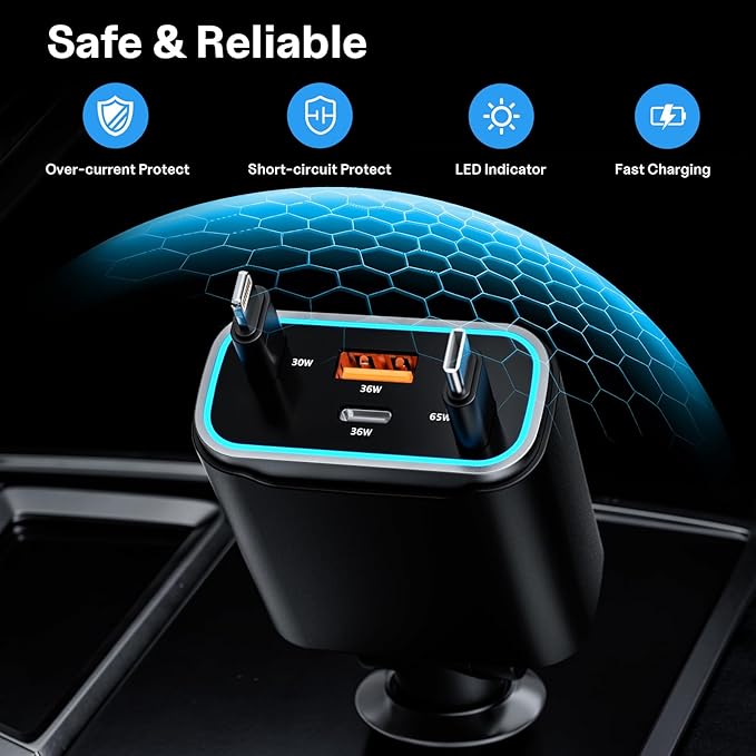 Retractable Fast Car Phone Charger Adapter 131W, Retractable Cables (31.5 inch) & 2 USB Ports for iPhone 16/15/14/13/12/11 Pro/Samsung