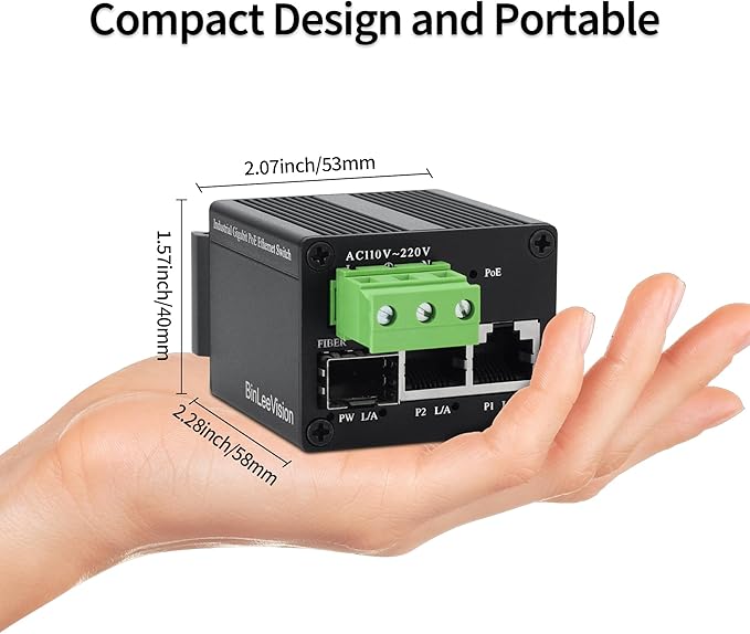 BinleeVision 3 Port Unmanaged Industrial Switch, 2 Gigabit RJ45 + 1 SFP Fiber Port, Fanless Metal Housing, DIN Rail Mount, -40°C to 75°C Wide Temp for IP Camera Network