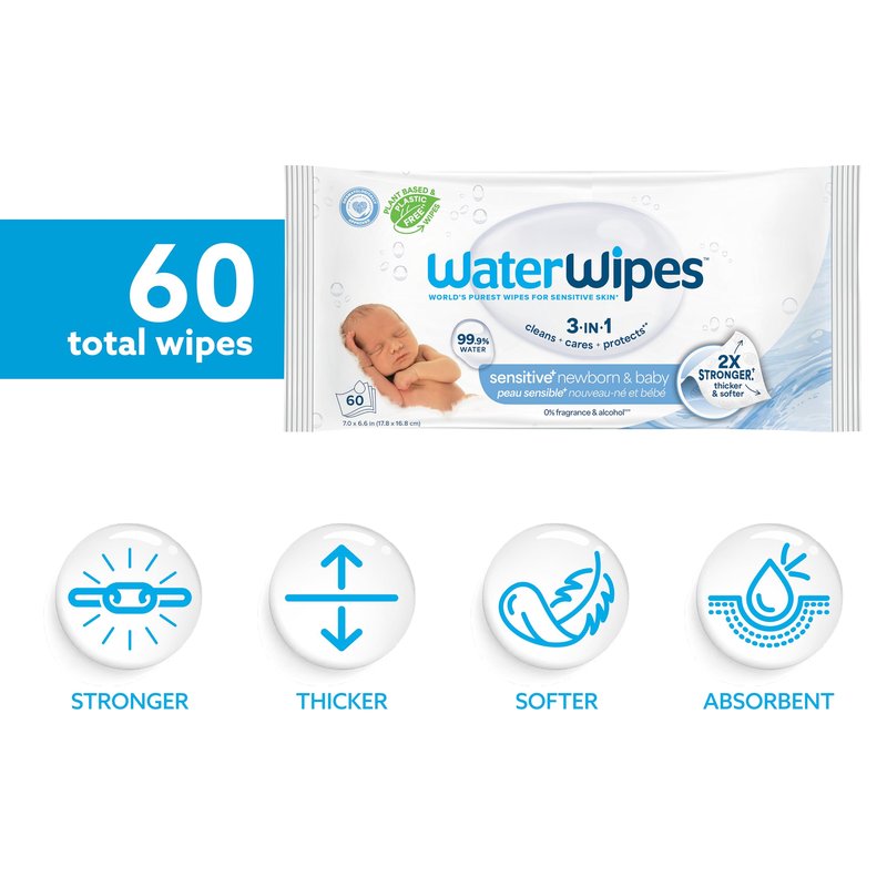 WaterWipes Sensitive+ Newborn & Baby Wipes, 3-In-1 Cleans, Cares, Protects, 99.9% Water, Unscented & Hypoallergenic, 60 Count