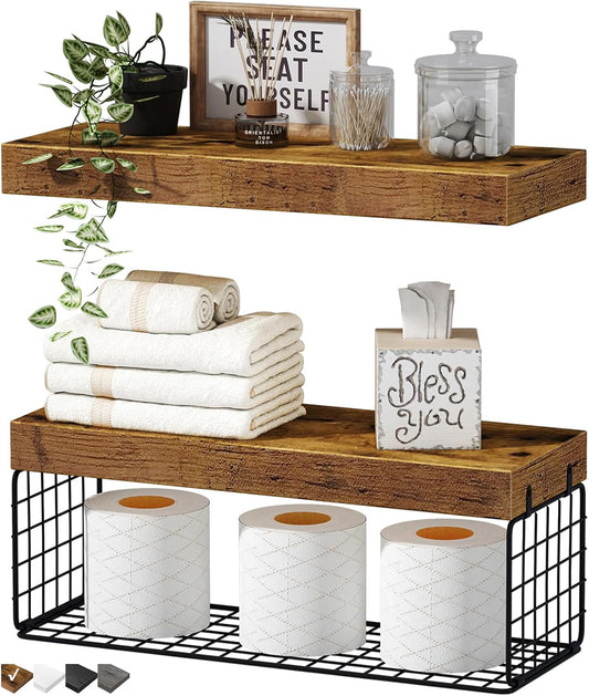 QEEIG Bathroom Shelves Over Toilet - Rustic Brown Wall Mounted Floating Shelves | Set of 2, 16 Inch for Farmhouse Decor