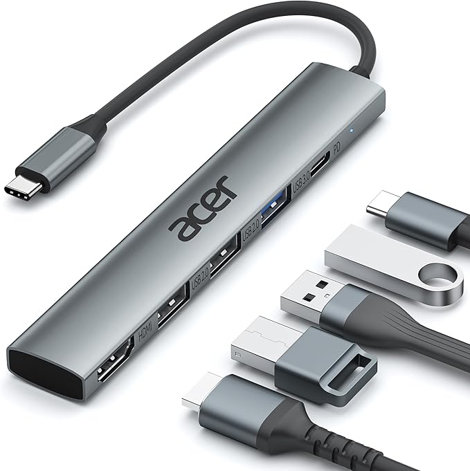 Acer 5 in 1 USB C Hub with 4K HDMI, 100W Power Delivery, 3 USB A Data Ports, USB C to HDMI Multiport Adapter for Laptop, PC, Tablet, MacBook Neo/Pro/Air, iPad Pro/Air, iMac, iPhone 17/16/15