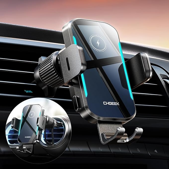 CHGeek Wireless Car Charger, 15W Fast Charging Auto-Clamping Phone Mount, Air Vent Holder with Blue LED for iPhone 17/16/15/14/13, Samsung S24/S23/S22 (Knight Black)
