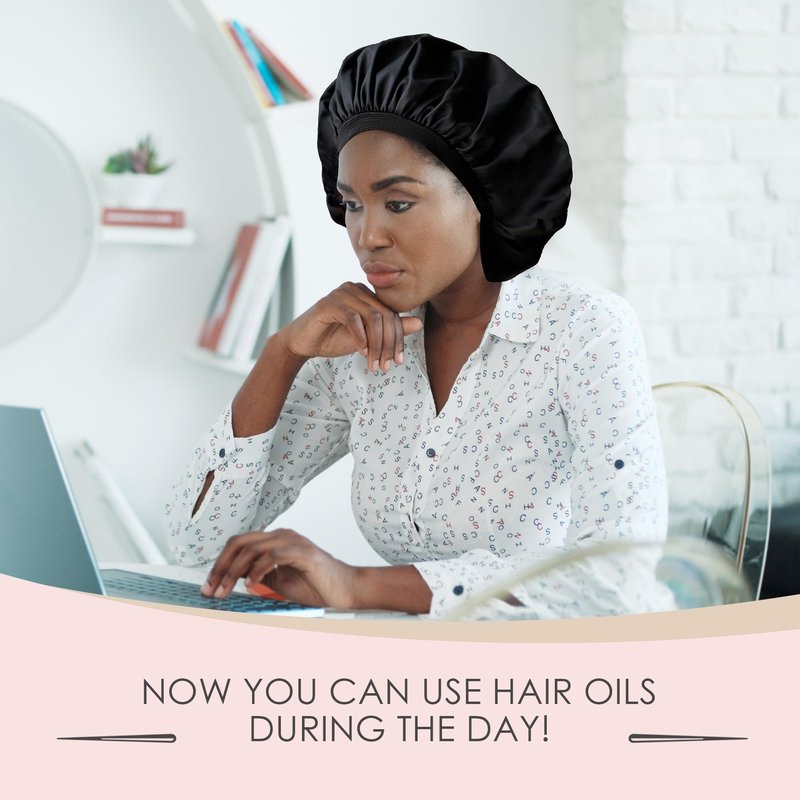 Only Reusable Oil Proof Nightcap, Protective Hair Bonnet and Shower Cap Too. Leakproof, Oilproof, and Waterproof. Larger Area to Accommodate Long Hair, Comfort Elastic Band (Small to Medium), Black