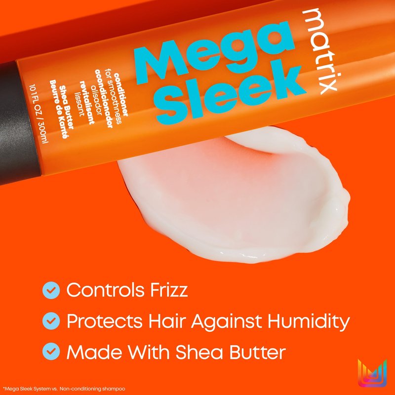 Matrix Mega Sleek Conditioner - Smoothing and Detangling, Moisturizes and Adds Shine, For Dry, Damaged & Frizzy Hair, Salon Professional Conditioner, With Shea Butter, Vegan, 10.1 Fl Oz