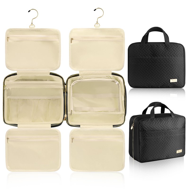 JIECH Hanging Travel Toiletry Bag for Women Detachable Toiletry Bag with 6 Compartments Large Makeup Bag Cosmetic Organizer for Bathroom Shower Business Trips Camping，Black