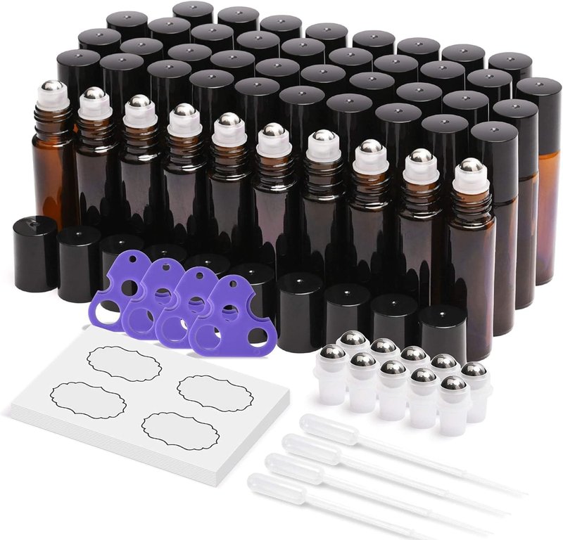 Essential Oil Roller Bottles - 48-Pack 10ml Amber Glass with Stainless Steel Roller Balls | Waterproof Labels