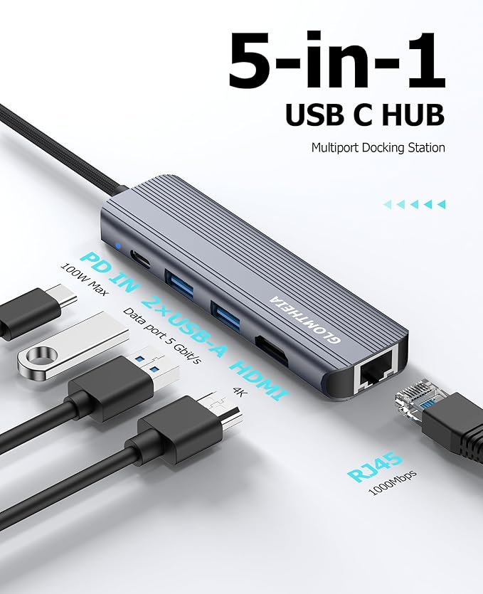 Glomtheia USB C Hub Ethernet HDMI Multiport Adapter for MacBook Pro/Air, iPad, Laptop Dock with 5Gbps USB A/C, 1Gbps RJ45 Gigabit Ethernet, 4K 30Hz HDMI, 100W Pass Through Charging